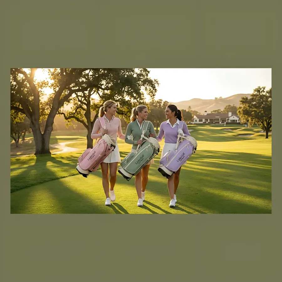 Wholesale women's canvas and leather stand golf bag - cream canvas with sage green leather trim, carbon fiber legs, gold hardware - OEM custom logo available