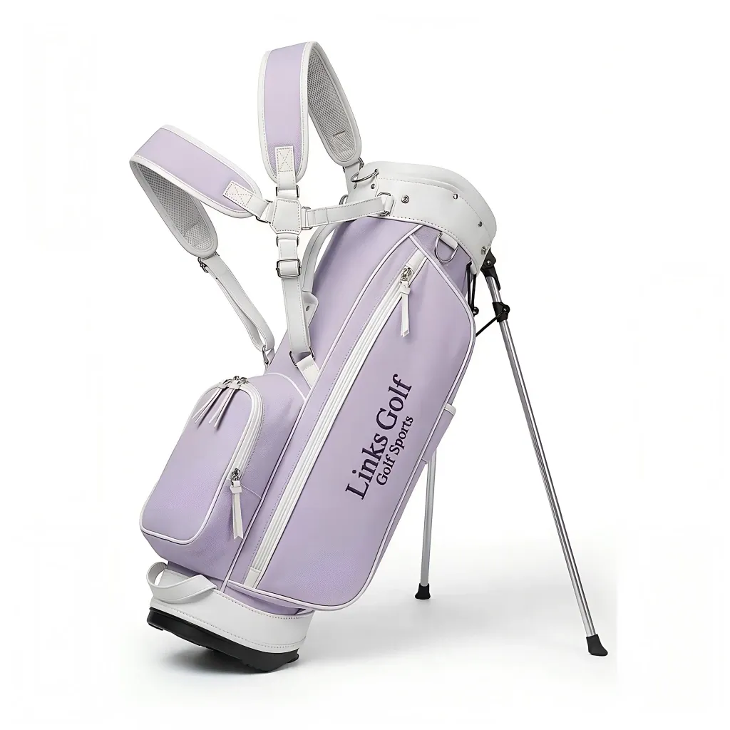 Wholesale women's canvas and leather stand golf bag - cream canvas with sage green leather trim, carbon fiber legs, gold hardware - OEM custom logo available — view 6