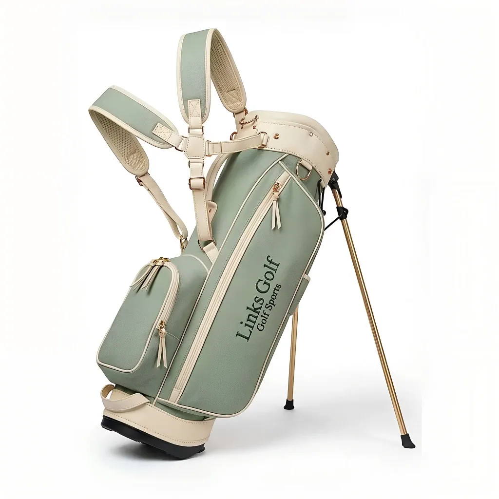 Wholesale women's canvas and leather stand golf bag - cream canvas with sage green leather trim, carbon fiber legs, gold hardware - OEM custom logo available — view 7