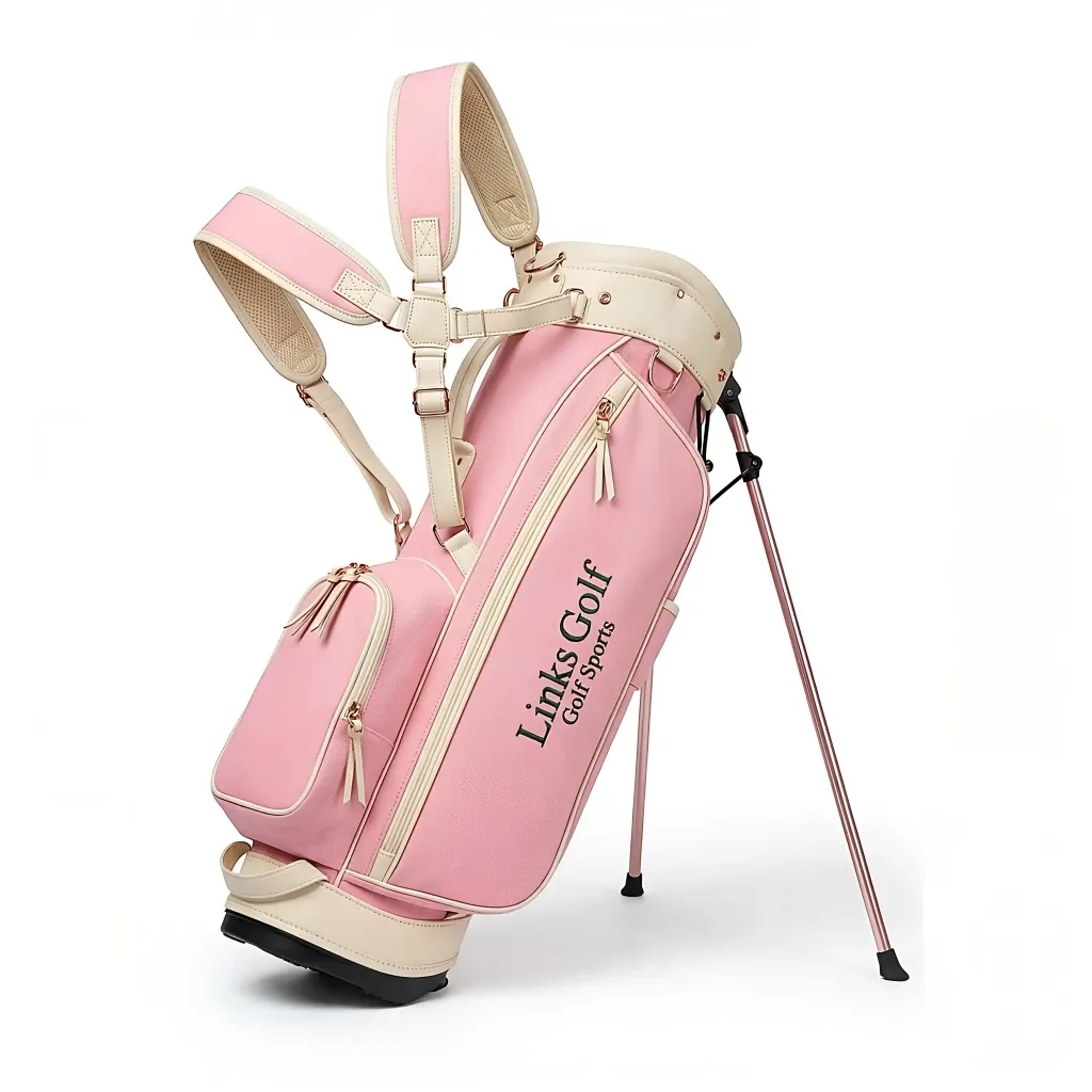 Wholesale women's canvas and leather stand golf bag - cream canvas with sage green leather trim, carbon fiber legs, gold hardware - OEM custom logo available — view 2