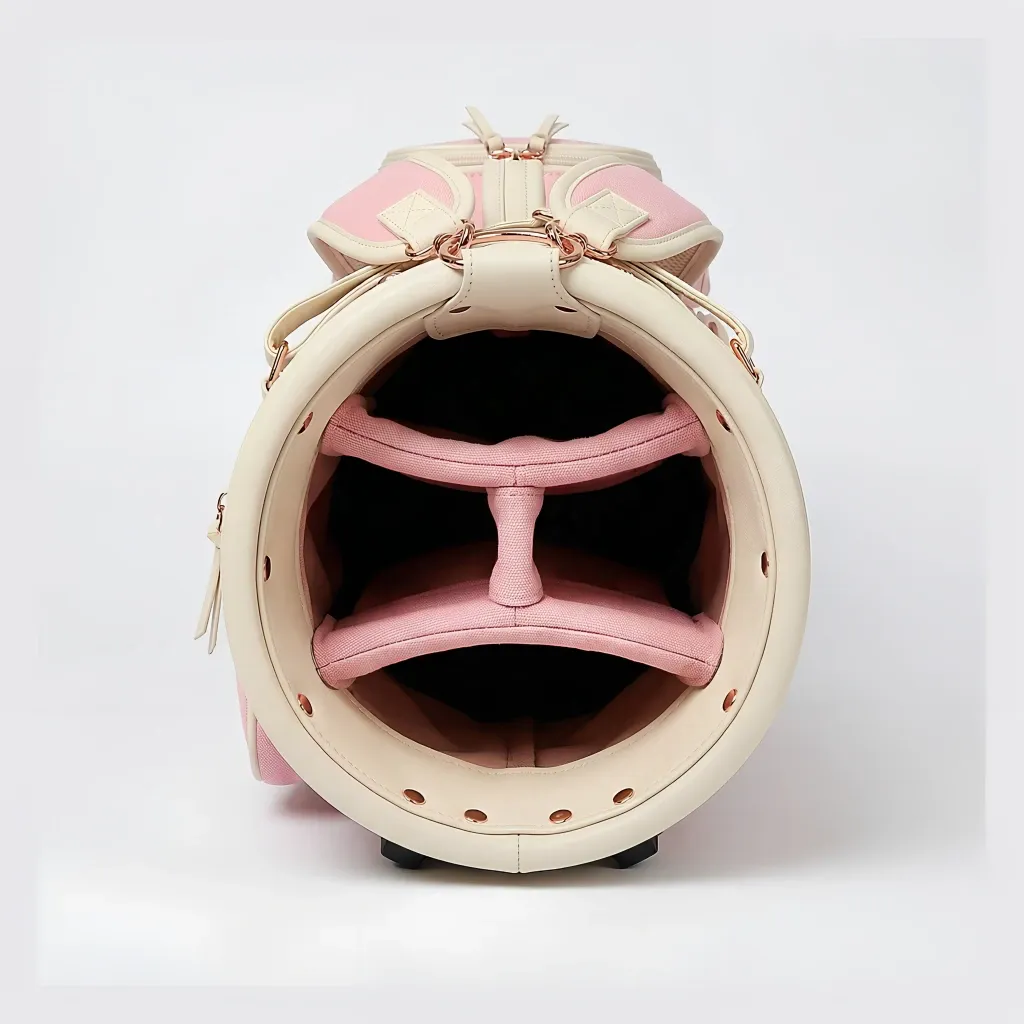 Wholesale women's canvas and leather stand golf bag - cream canvas with sage green leather trim, carbon fiber legs, gold hardware - OEM custom logo available — view 3