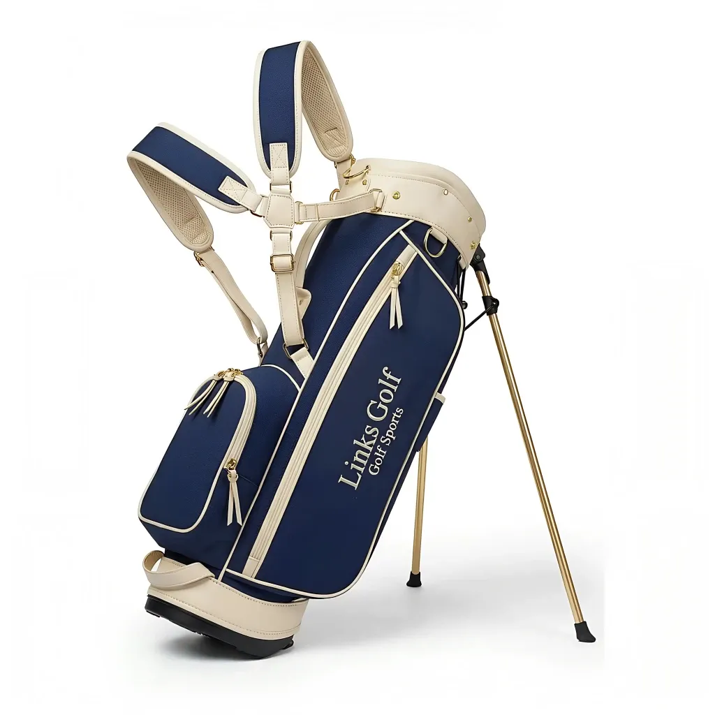 Wholesale women's canvas and leather stand golf bag - cream canvas with sage green leather trim, carbon fiber legs, gold hardware - OEM custom logo available — view 5