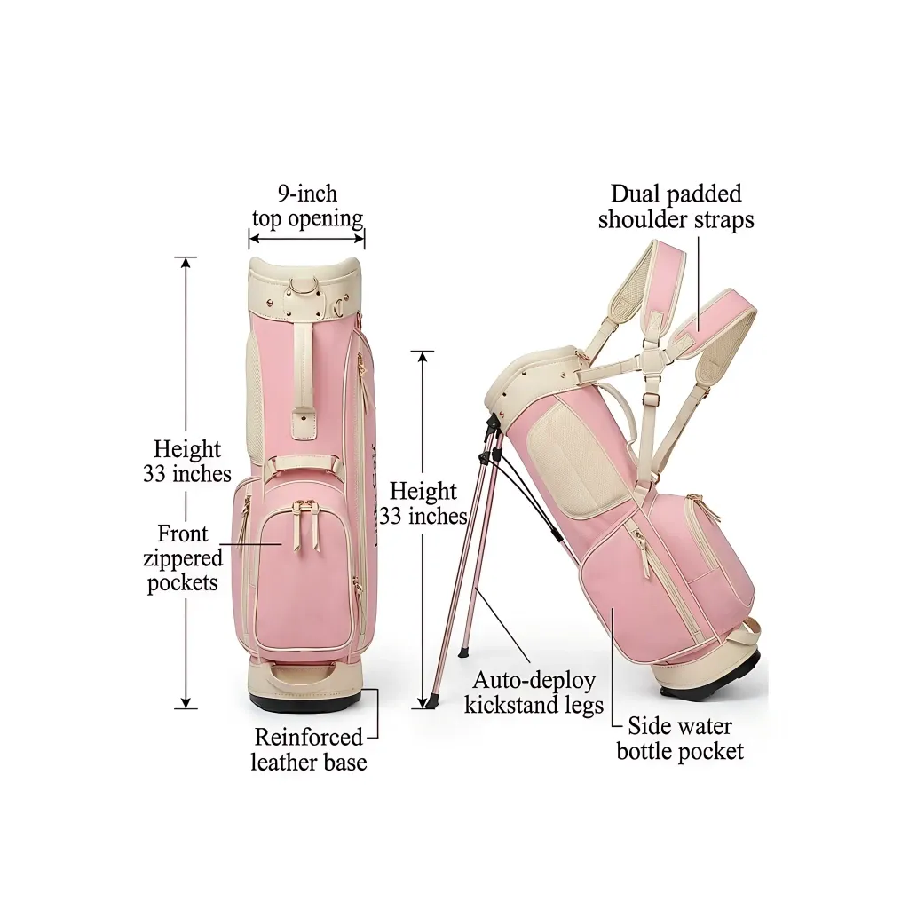Wholesale women's canvas and leather stand golf bag - cream canvas with sage green leather trim, carbon fiber legs, gold hardware - OEM custom logo available — view 4