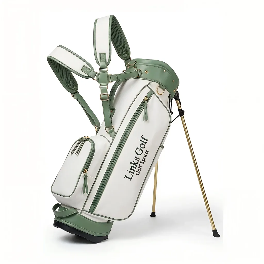 Wholesale women's canvas and leather stand golf bag - cream canvas with sage green leather trim, carbon fiber legs, gold hardware - OEM custom logo available — view 8