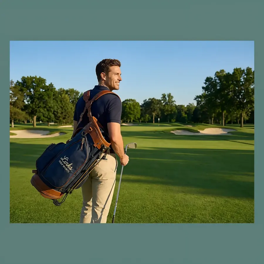 Men's waxed canvas stand bag with 9-inch top opening and reinforced leather base - custom logo available by Links Golf Sports