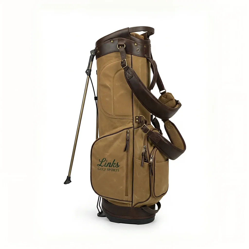 Men's waxed canvas stand bag with 9-inch top opening and reinforced leather base - custom logo available by Links Golf Sports — view 6