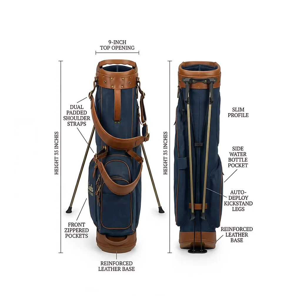 Men's waxed canvas stand bag with 9-inch top opening and reinforced leather base - custom logo available by Links Golf Sports — view 4