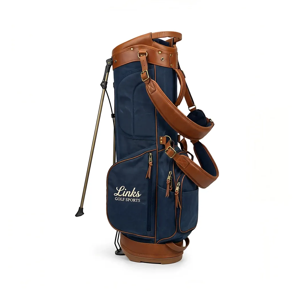 Men's waxed canvas stand bag with 9-inch top opening and reinforced leather base - custom logo available by Links Golf Sports — view 2