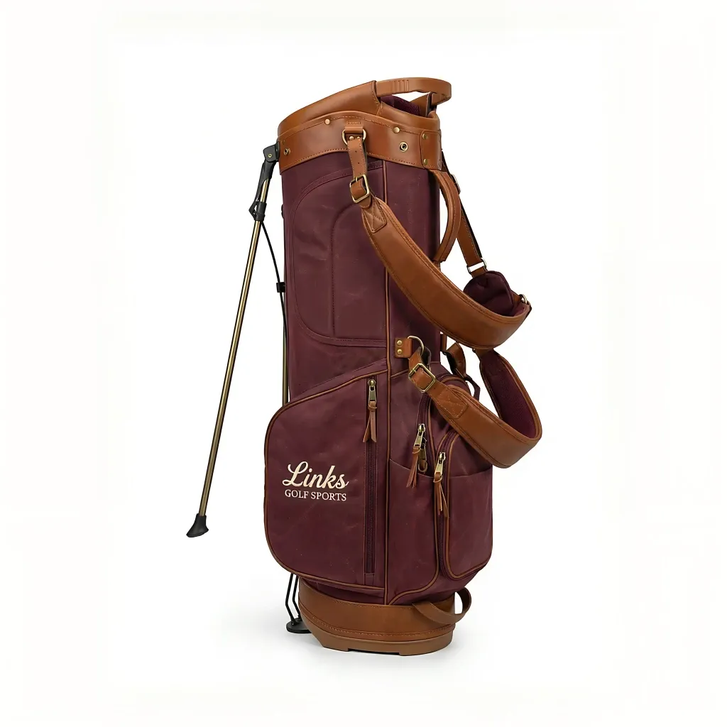 Men's waxed canvas stand bag with 9-inch top opening and reinforced leather base - custom logo available by Links Golf Sports — view 8