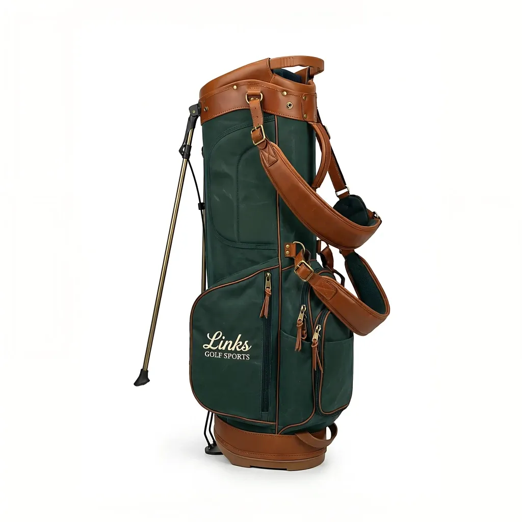 Men's waxed canvas stand bag with 9-inch top opening and reinforced leather base - custom logo available by Links Golf Sports — view 7