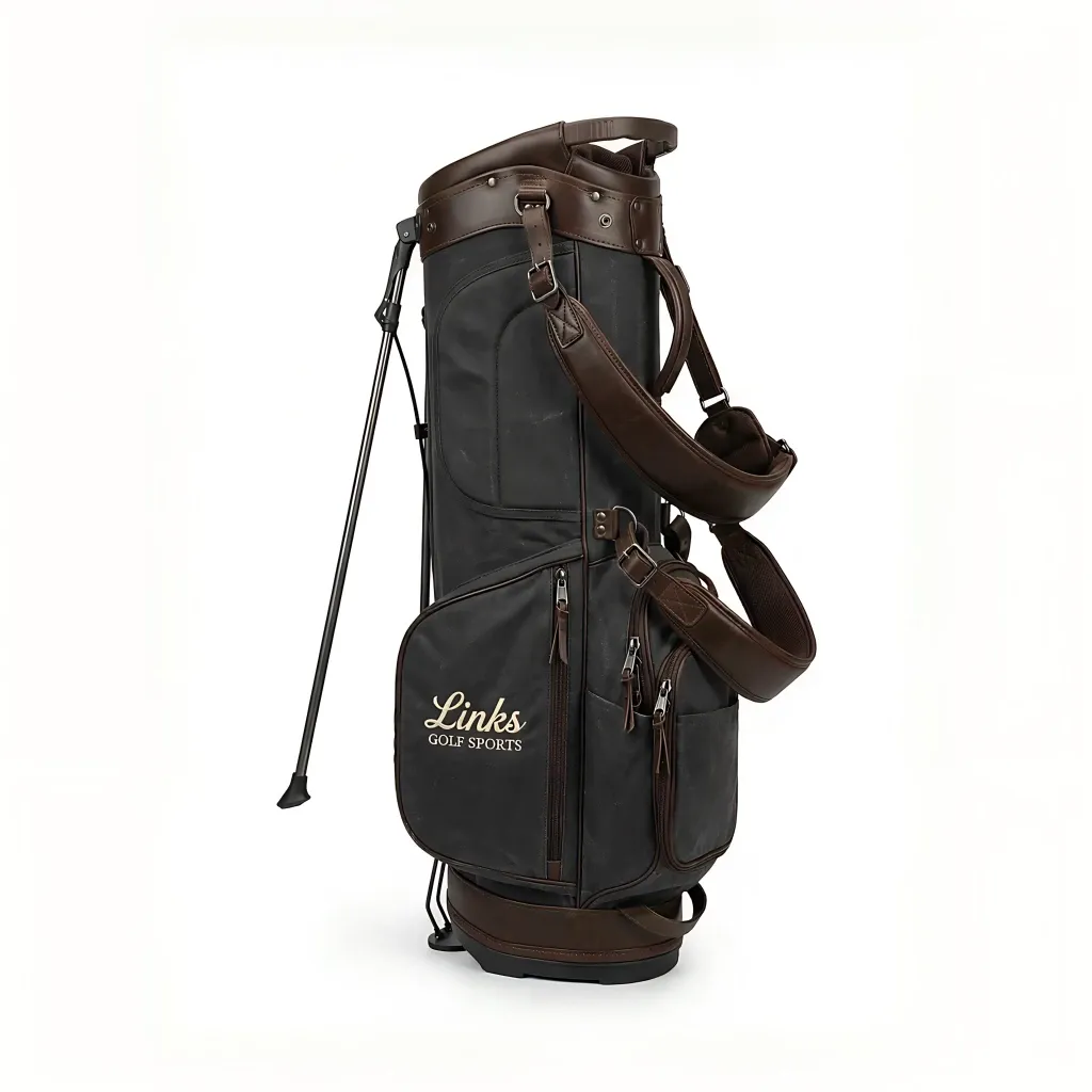 Men's waxed canvas stand bag with 9-inch top opening and reinforced leather base - custom logo available by Links Golf Sports — view 5