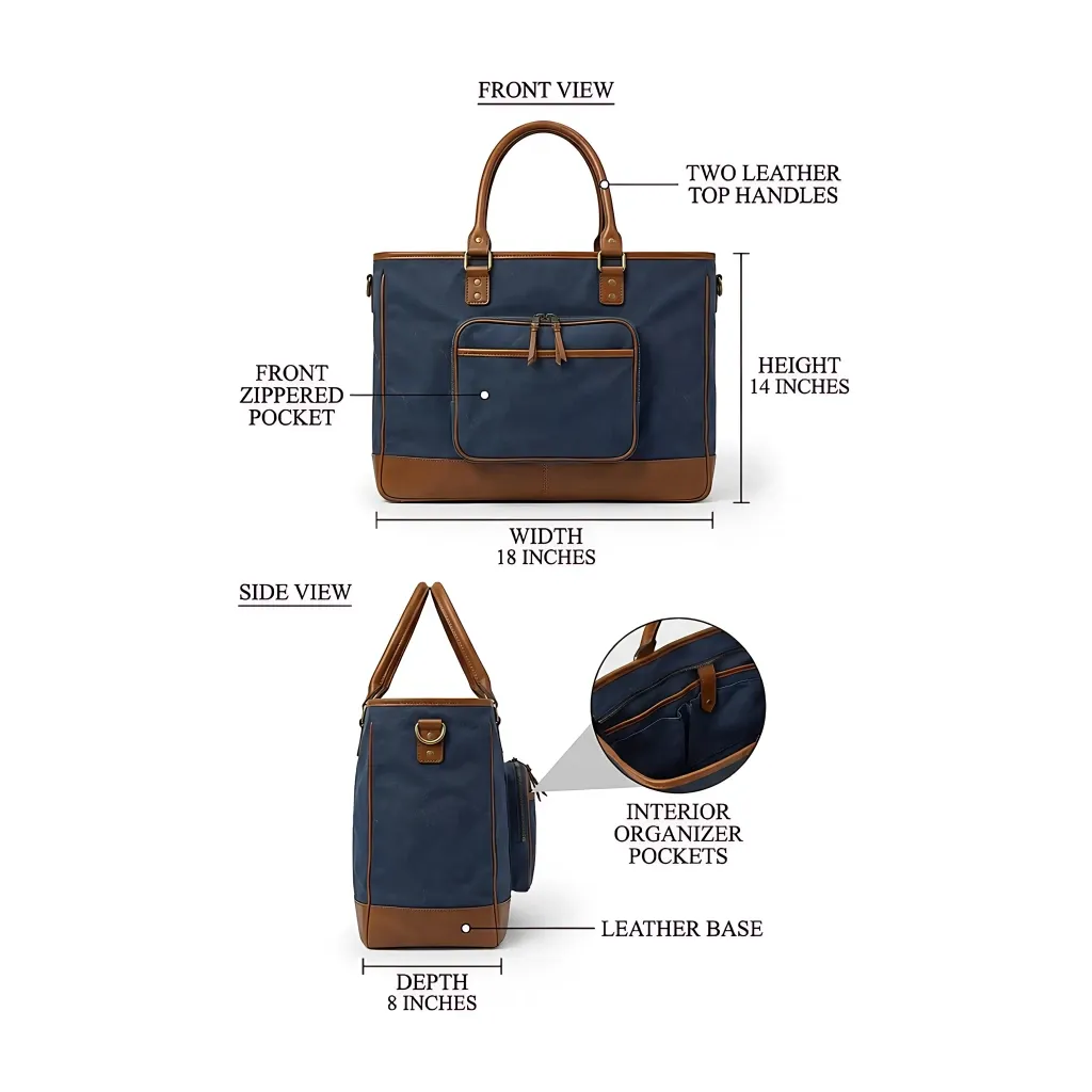 Men's vintage canvas and leather tote bag - 14 inch height, 18 inch width, two leather top handles - custom logo available by Links Sports Co — view 3