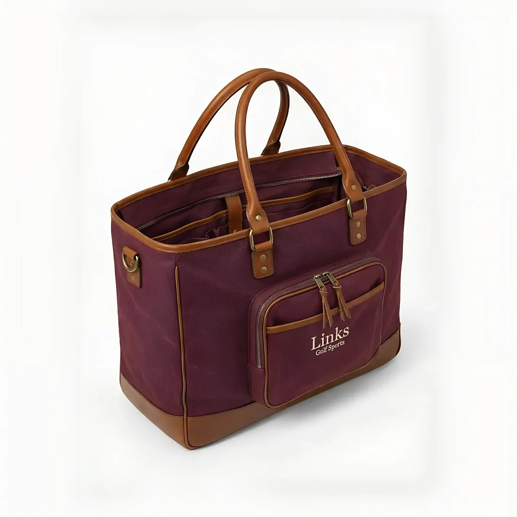 Men's vintage canvas and leather tote bag - 14 inch height, 18 inch width, two leather top handles - custom logo available by Links Sports Co — view 8