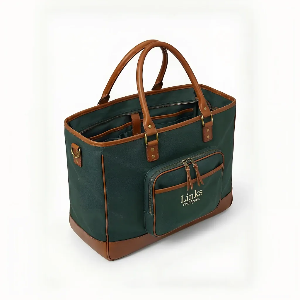 Men's vintage canvas and leather tote bag - 14 inch height, 18 inch width, two leather top handles - custom logo available by Links Sports Co — view 2