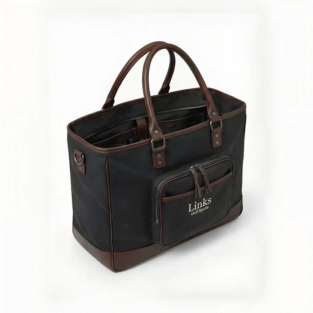 Men's vintage canvas and leather tote bag - 14 inch height, 18 inch width, two leather top handles - custom logo available by Links Sports Co — view 7