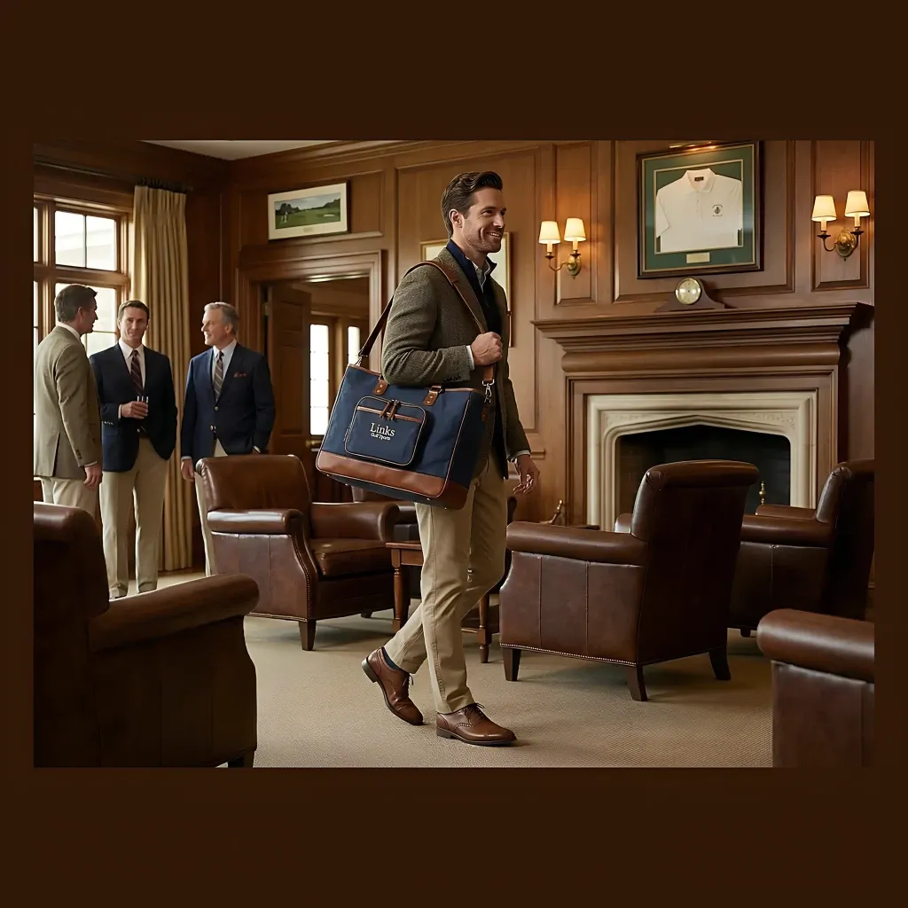 Men's vintage canvas and leather tote bag - 14 inch height, 18 inch width, two leather top handles - custom logo available by Links Sports Co — view 10