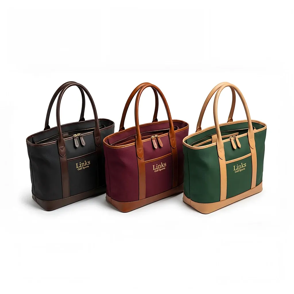 Men's vintage canvas and leather tote bag - 14 inch height, 18 inch width, two leather top handles - custom logo available by Links Sports Co — view 9