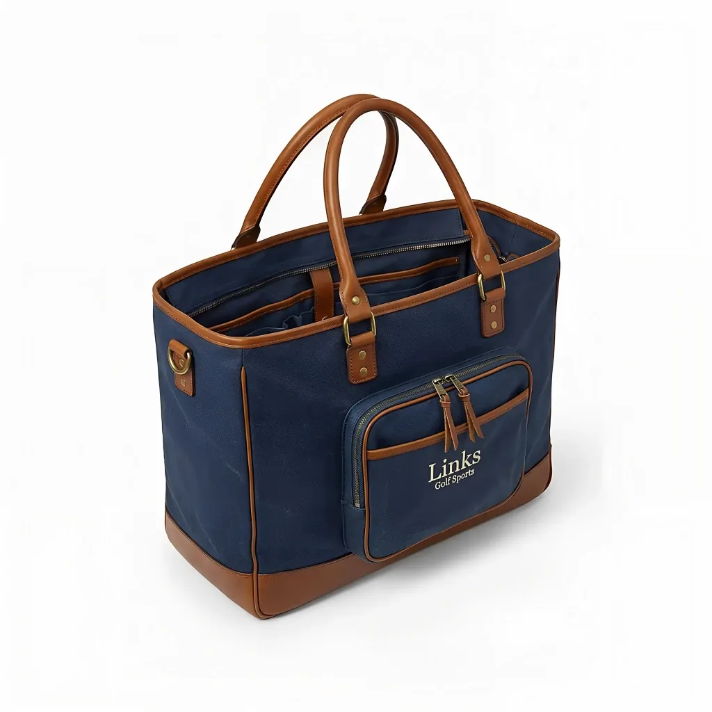 Men's vintage canvas and leather tote bag - 14 inch height, 18 inch width, two leather top handles - custom logo available by Links Sports Co — view 6