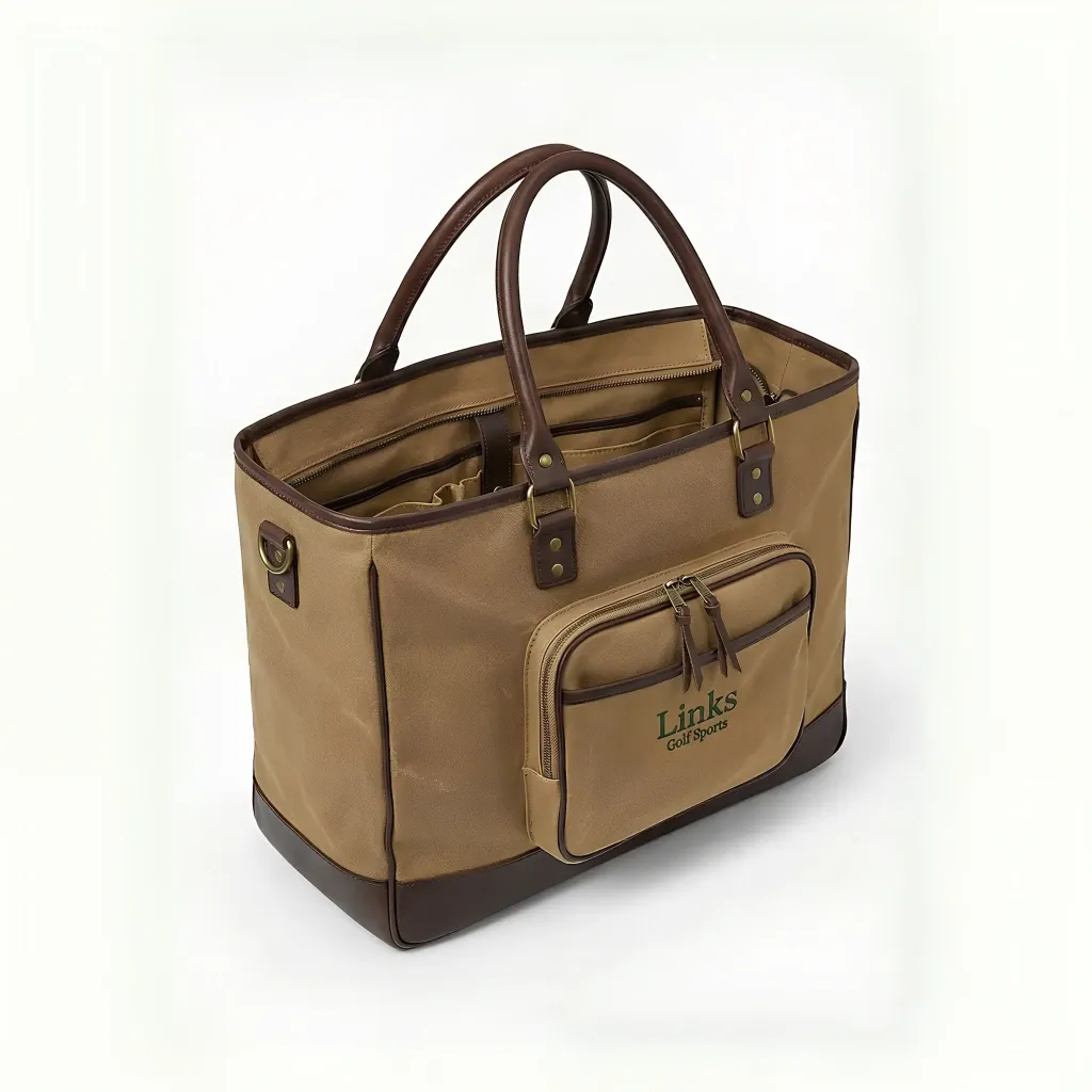 Men's vintage canvas and leather tote bag - 14 inch height, 18 inch width, two leather top handles - custom logo available by Links Sports Co — view 5