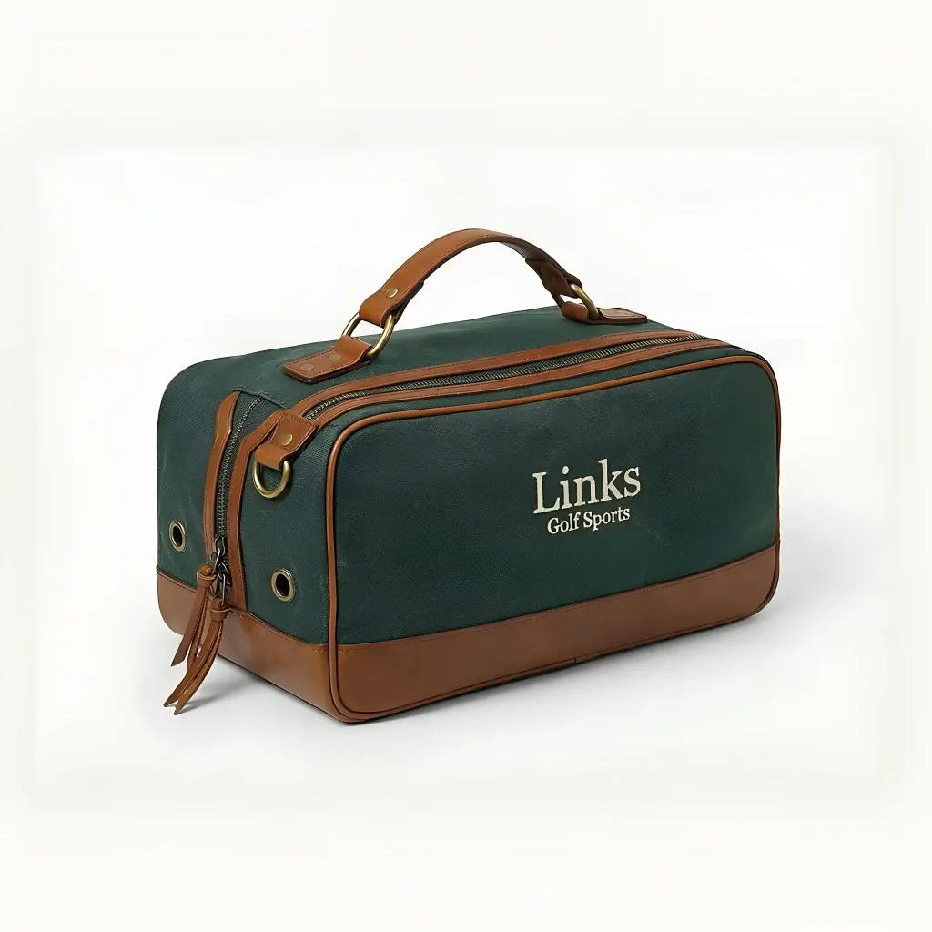 Man's vintage canvas golf shoe bag - 14 inches wide x 8 inches high - top leather handle, full-length zipper - custom logo available by Links Sports Co
