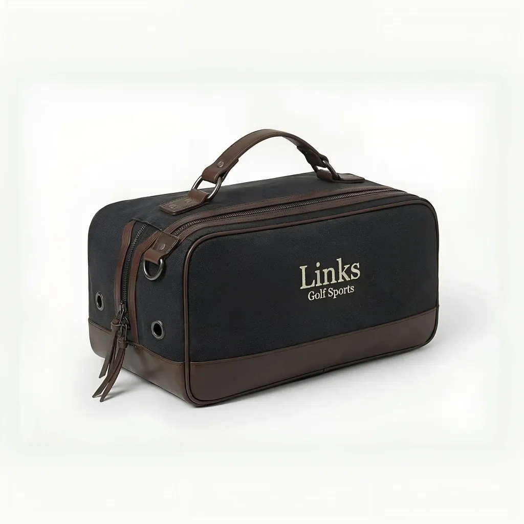 Man's vintage canvas golf shoe bag - 14 inches wide x 8 inches high - top leather handle, full-length zipper - custom logo available by Links Sports Co — view 6