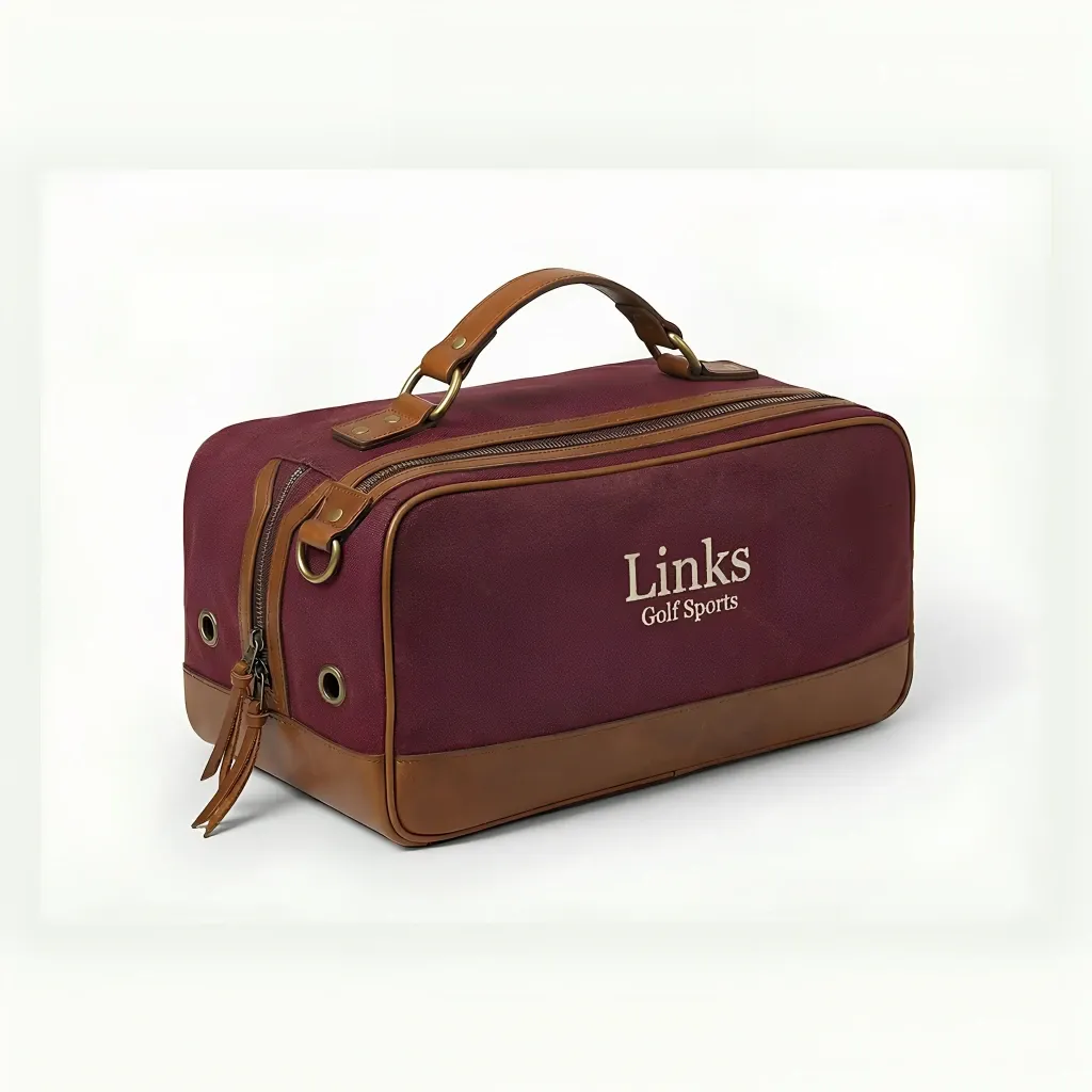 Man's vintage canvas golf shoe bag - 14 inches wide x 8 inches high - top leather handle, full-length zipper - custom logo available by Links Sports Co — view 7