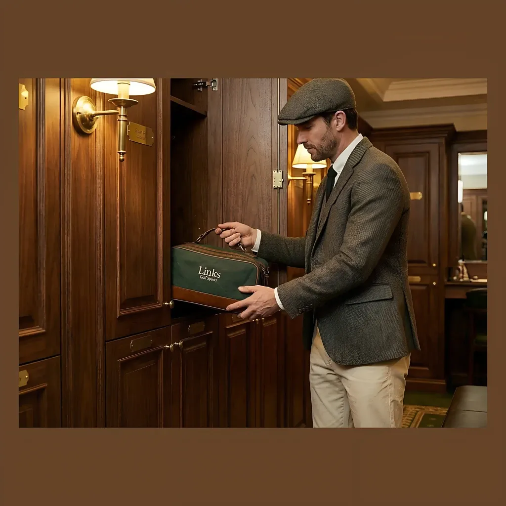 Man's vintage canvas golf shoe bag - 14 inches wide x 8 inches high - top leather handle, full-length zipper - custom logo available by Links Sports Co — view 9