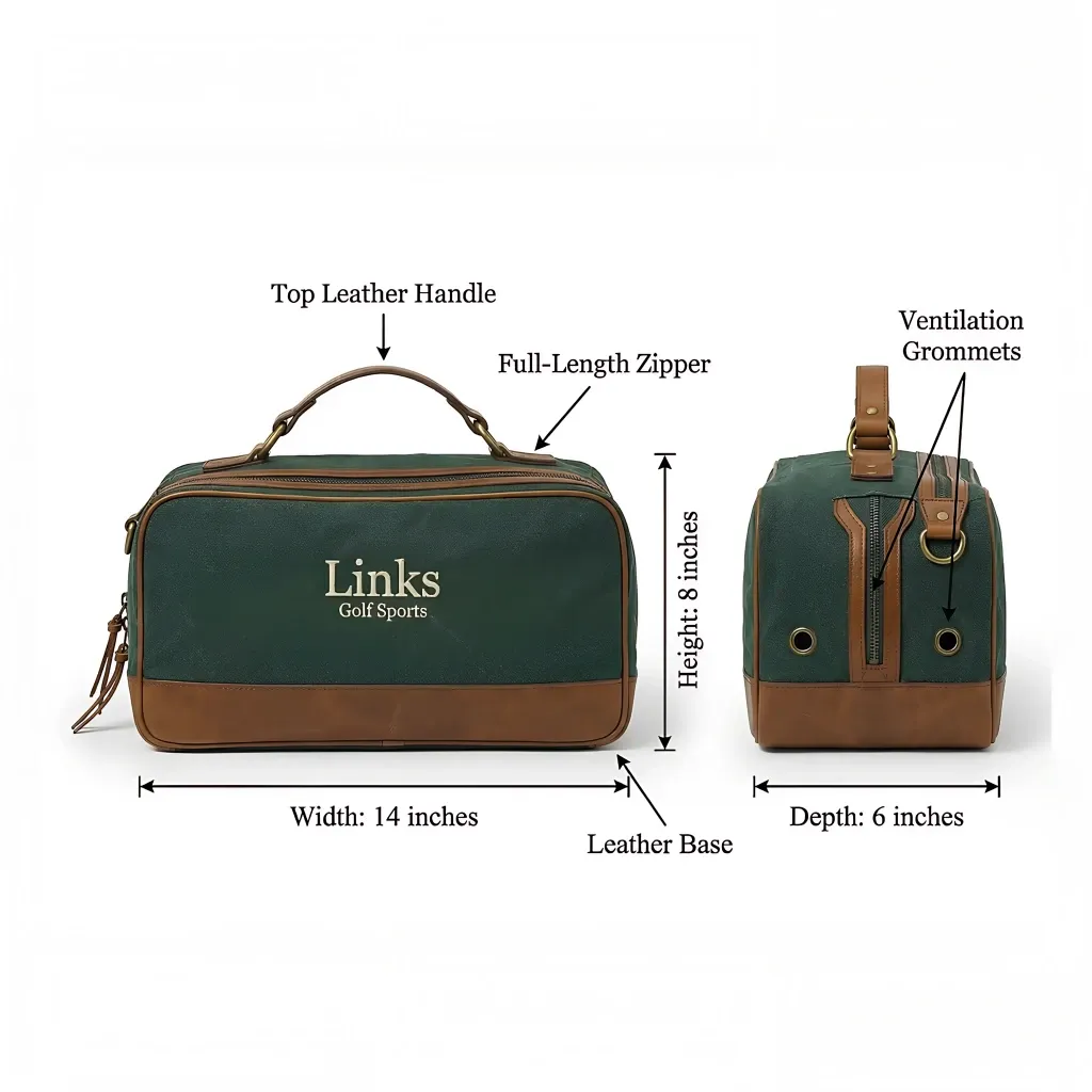 Man's vintage canvas golf shoe bag - 14 inches wide x 8 inches high - top leather handle, full-length zipper - custom logo available by Links Sports Co — view 3