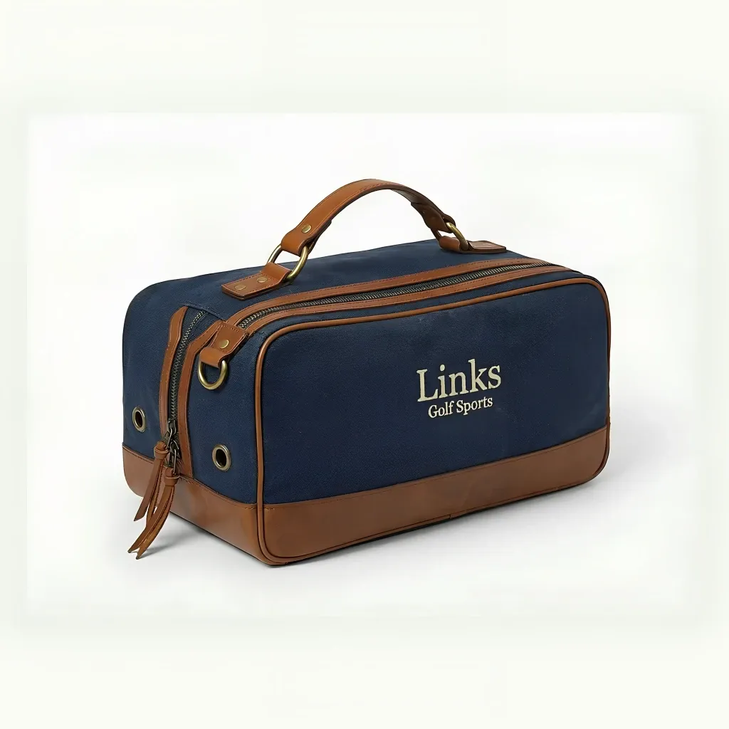 Man's vintage canvas golf shoe bag - 14 inches wide x 8 inches high - top leather handle, full-length zipper - custom logo available by Links Sports Co — view 8