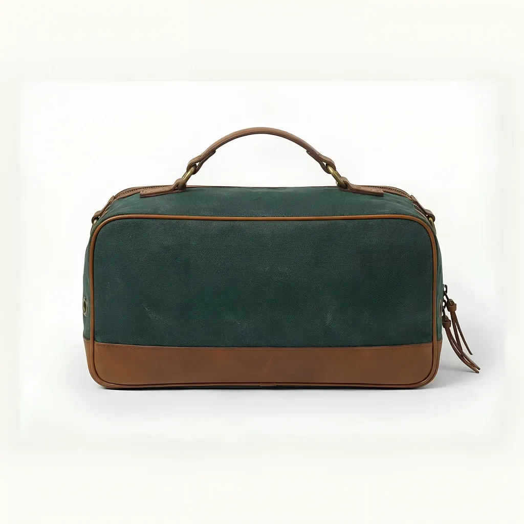 Man's vintage canvas golf shoe bag - 14 inches wide x 8 inches high - top leather handle, full-length zipper - custom logo available by Links Sports Co — view 4