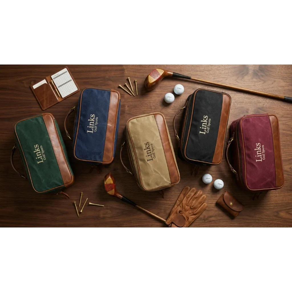 Man's vintage canvas golf shoe bag - 14 inches wide x 8 inches high - top leather handle, full-length zipper - custom logo available by Links Sports Co — view 10