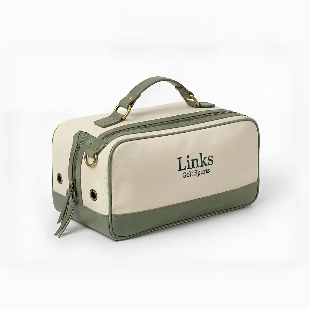 Woman's vintage canvas golf shoe bag in cream - 14x8x6 inches, top leather handle, full-length zipper - custom club logo available by Links Sports Co