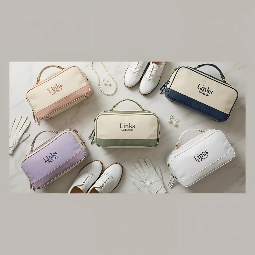 Woman's vintage canvas golf shoe bag in cream - 14x8x6 inches, top leather handle, full-length zipper - custom club logo available by Links Sports Co — view 10