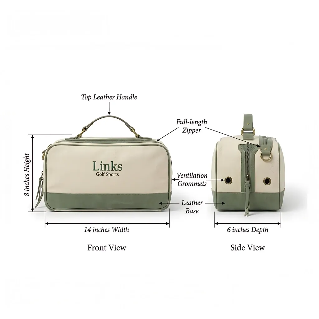 Woman's vintage canvas golf shoe bag in cream - 14x8x6 inches, top leather handle, full-length zipper - custom club logo available by Links Sports Co — view 3