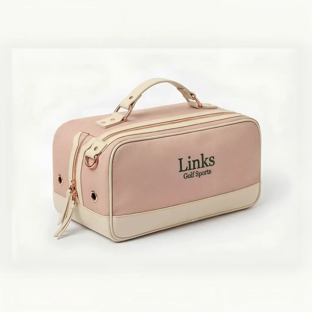 Woman's vintage canvas golf shoe bag in cream - 14x8x6 inches, top leather handle, full-length zipper - custom club logo available by Links Sports Co — view 5