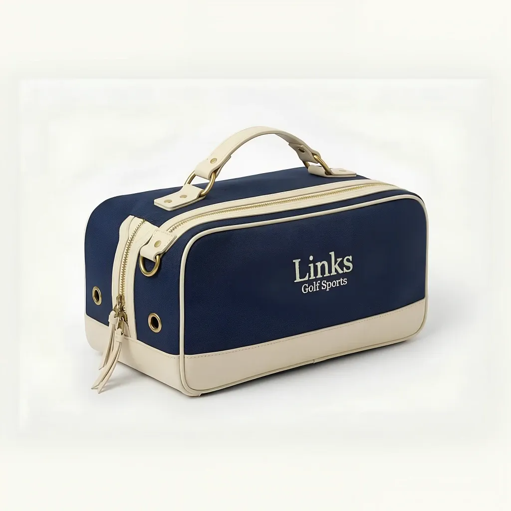 Woman's vintage canvas golf shoe bag in cream - 14x8x6 inches, top leather handle, full-length zipper - custom club logo available by Links Sports Co — view 7