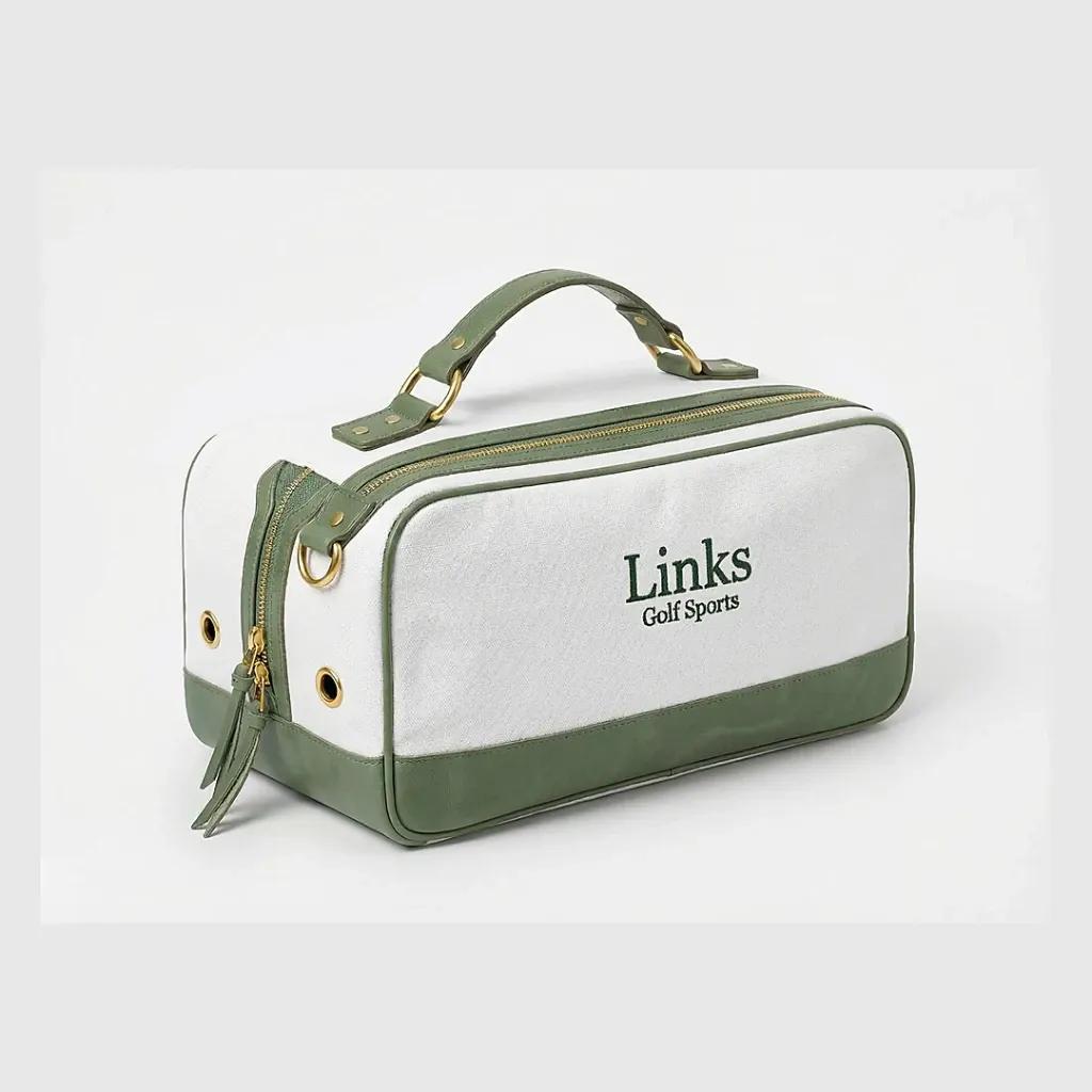 Woman's vintage canvas golf shoe bag in cream - 14x8x6 inches, top leather handle, full-length zipper - custom club logo available by Links Sports Co — view 8