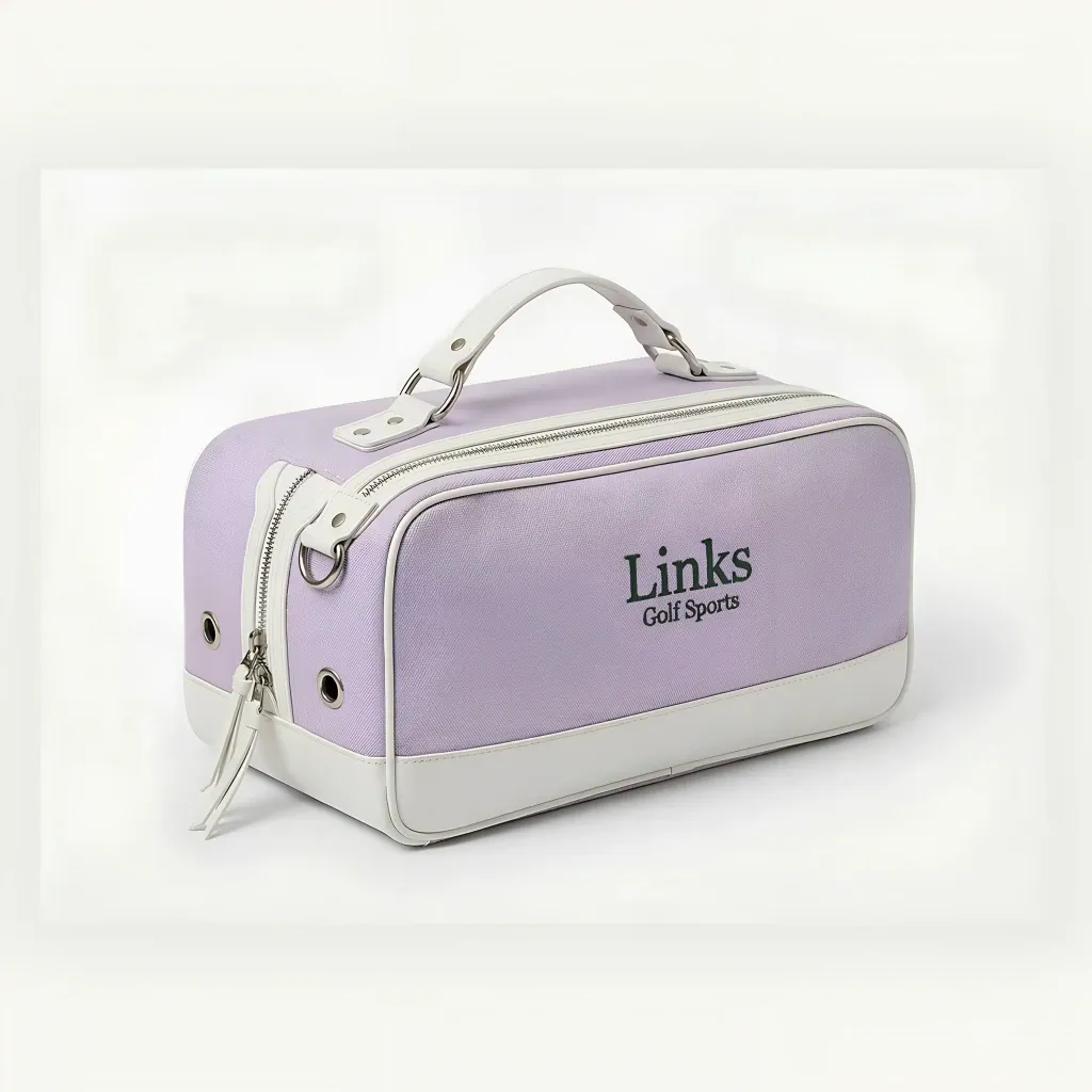 Woman's vintage canvas golf shoe bag in cream - 14x8x6 inches, top leather handle, full-length zipper - custom club logo available by Links Sports Co — view 6