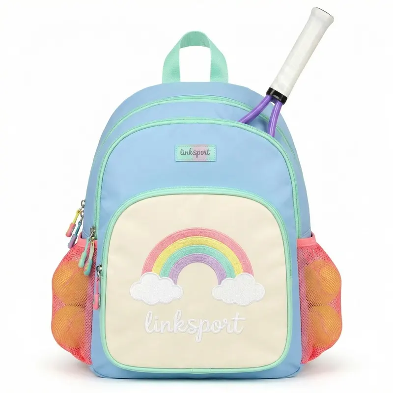 Kids' rainbow nylon tennis backpack for girls - racket compartment, dual mesh pockets, ages 5-12 - OEM custom logo by Links Sports Co