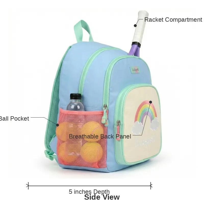 Kids' rainbow nylon tennis backpack for girls - racket compartment, dual mesh pockets, ages 5-12 - OEM custom logo by Links Sports Co — view 6