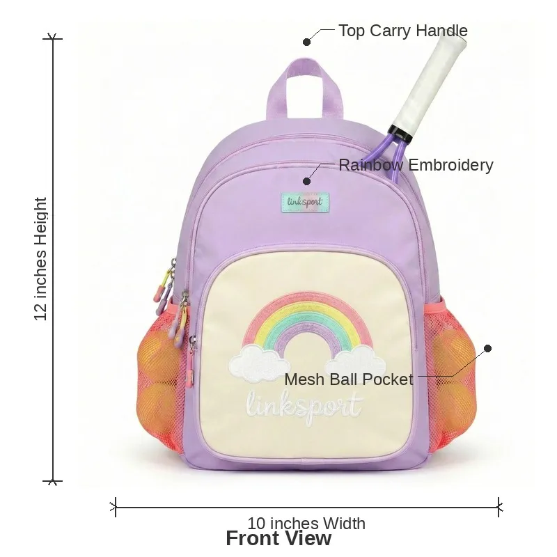 Kids' rainbow nylon tennis backpack for girls - racket compartment, dual mesh pockets, ages 5-12 - OEM custom logo by Links Sports Co — view 5