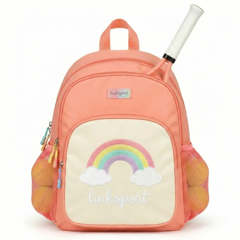 Kids' rainbow nylon tennis backpack for girls - racket compartment, dual mesh pockets, ages 5-12 - OEM custom logo by Links Sports Co — view 3