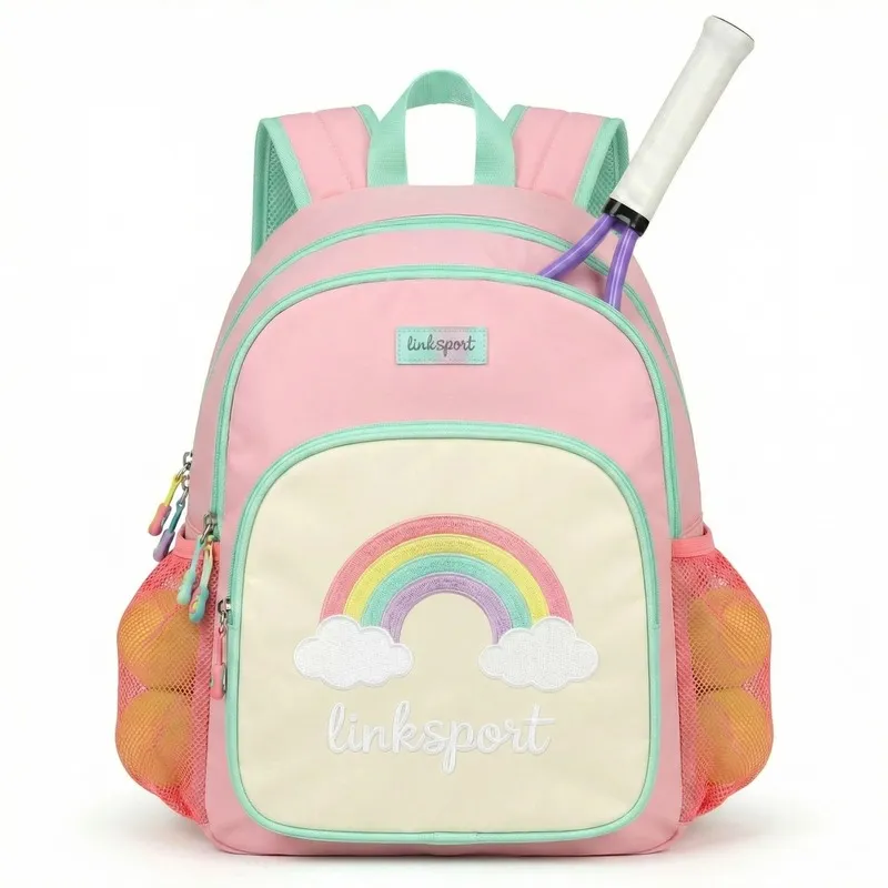 Kids' rainbow nylon tennis backpack for girls - racket compartment, dual mesh pockets, ages 5-12 - OEM custom logo by Links Sports Co — view 4