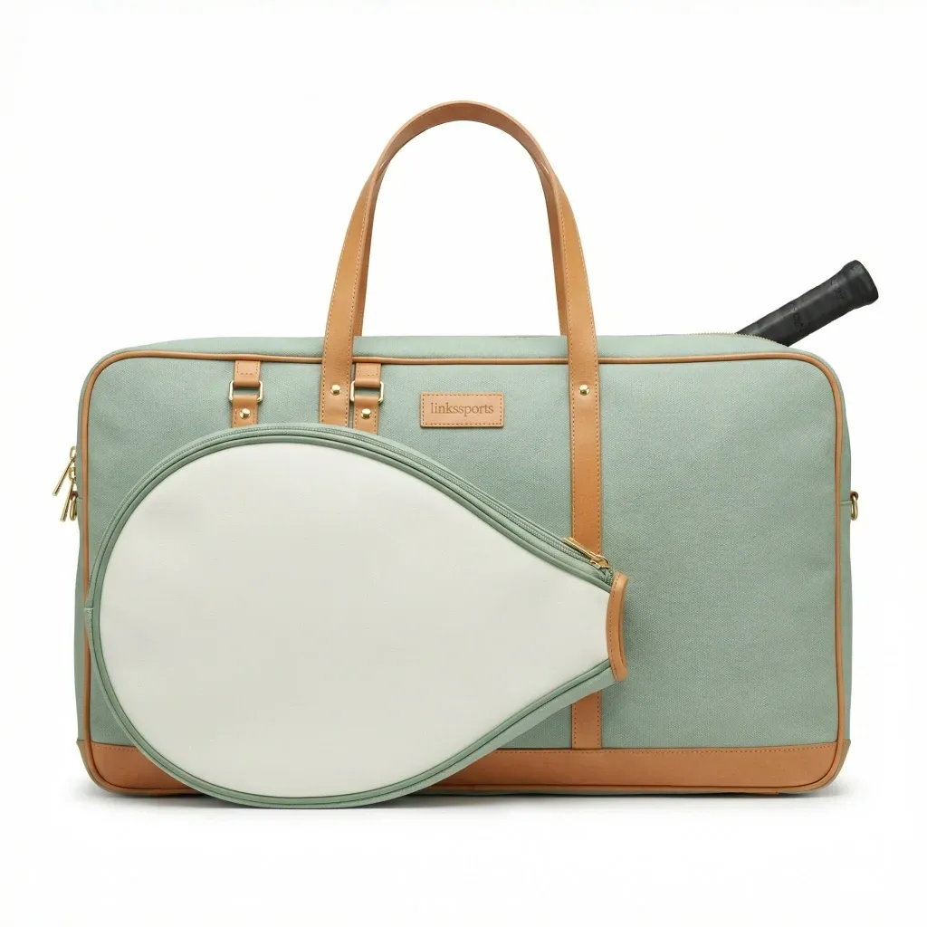 Women's canvas and leather tennis tote bag in sage green - 40x28x15 cm, leather handles, gold hardware, racket compartment - custom colors by Links Sports Co — view 2