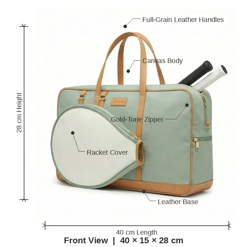Women's canvas and leather tennis tote bag in sage green - 40x28x15 cm, leather handles, gold hardware, racket compartment - custom colors by Links Sports Co — view 3