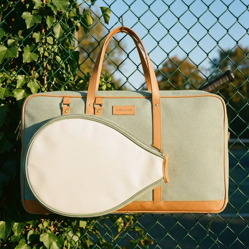 Women's canvas and leather tennis tote bag in sage green - 40x28x15 cm, leather handles, gold hardware, racket compartment - custom colors by Links Sports Co — view 10