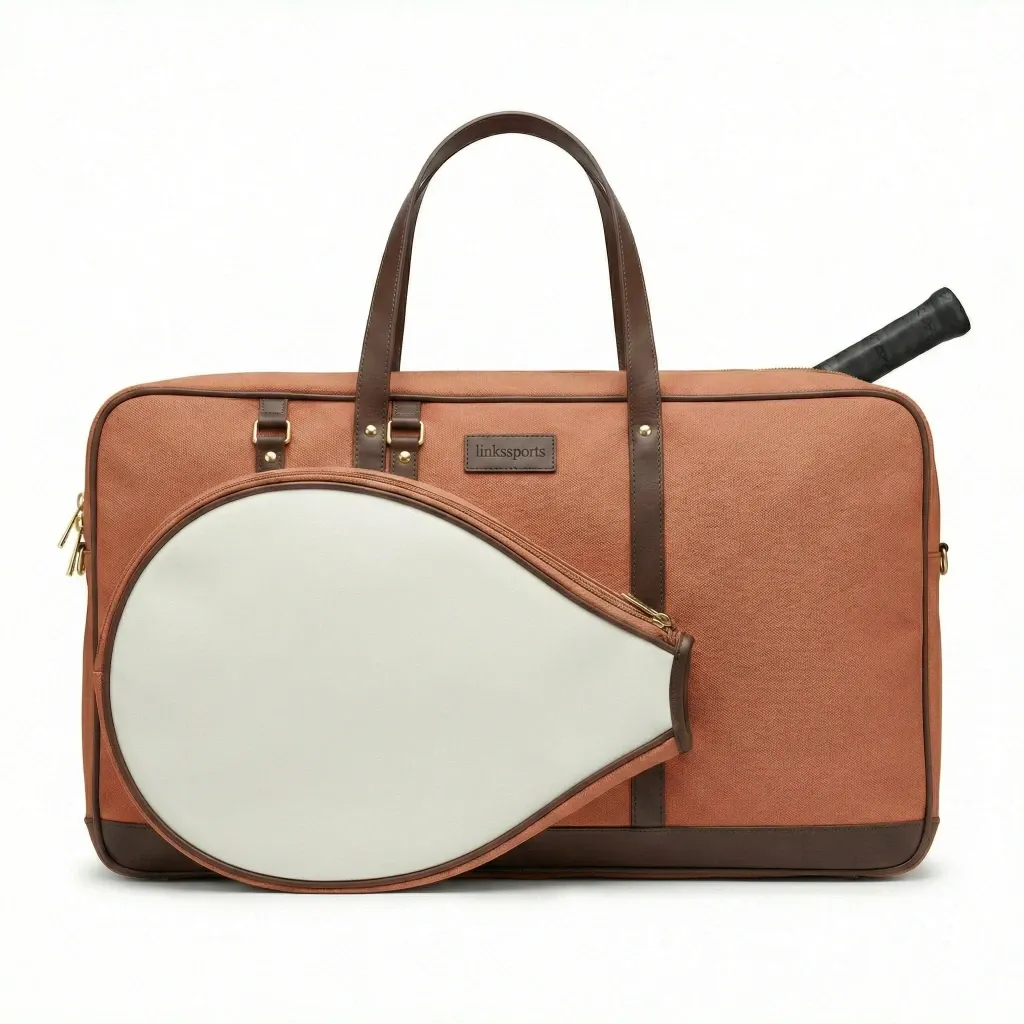 Women's canvas and leather tennis tote bag in sage green - 40x28x15 cm, leather handles, gold hardware, racket compartment - custom colors by Links Sports Co — view 8