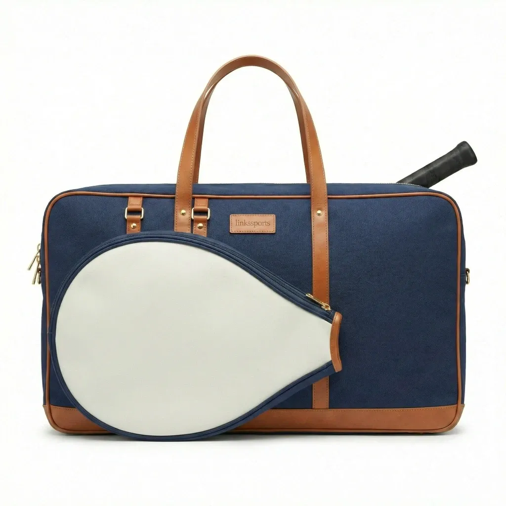 Women's canvas and leather tennis tote bag in sage green - 40x28x15 cm, leather handles, gold hardware, racket compartment - custom colors by Links Sports Co — view 7