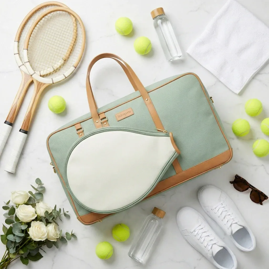 Women's canvas and leather tennis tote bag in sage green - 40x28x15 cm, leather handles, gold hardware, racket compartment - custom colors by Links Sports Co — view 9