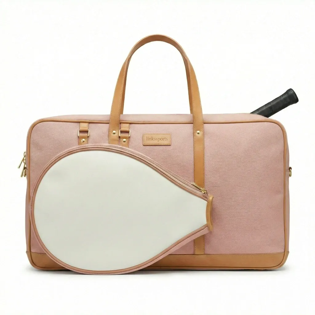 Women's canvas and leather tennis tote bag in sage green - 40x28x15 cm, leather handles, gold hardware, racket compartment - custom colors by Links Sports Co — view 5